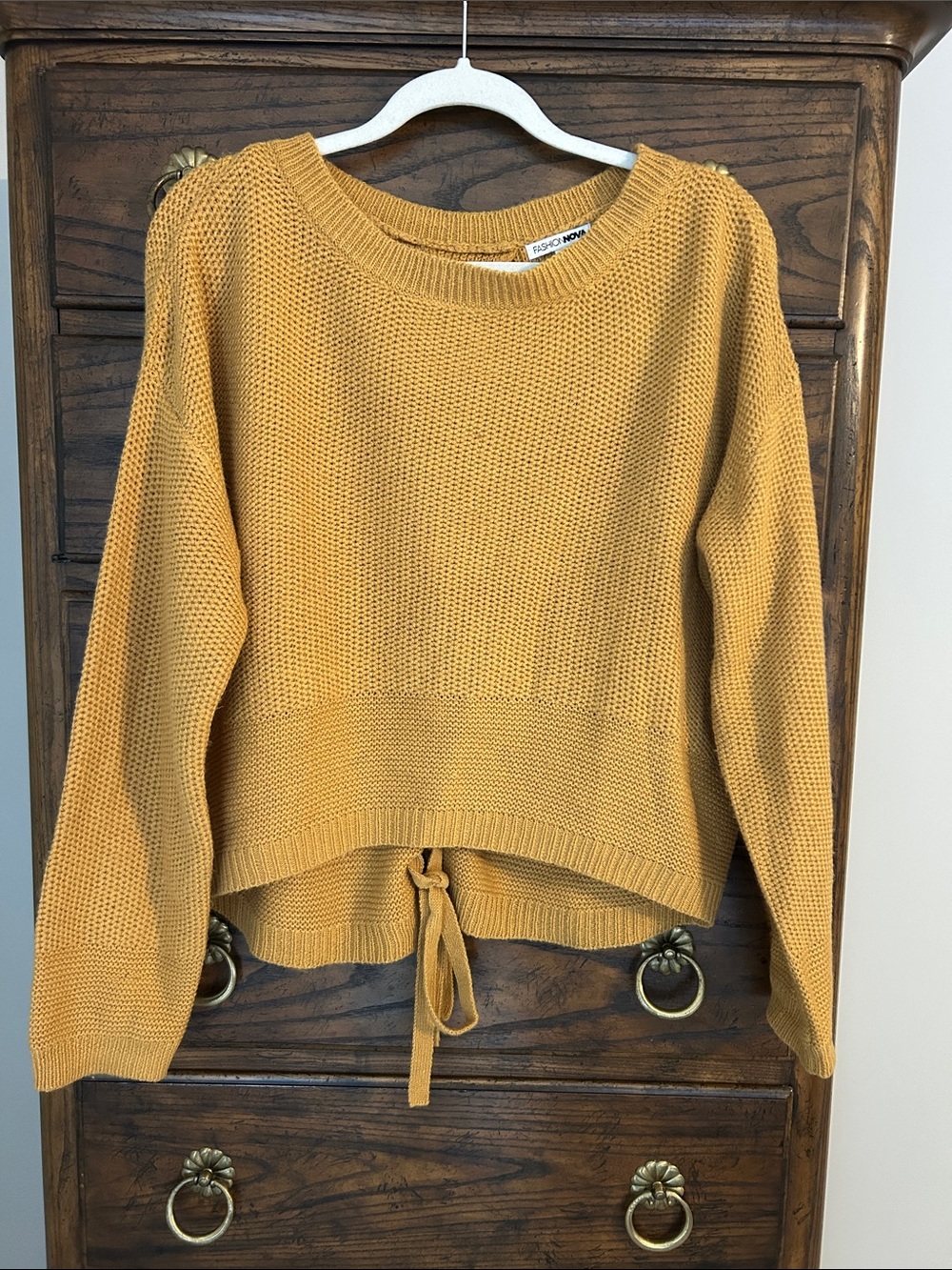 Fashion Nova Mustard Boxy Crewneck Tie-Back Sweater, Size L